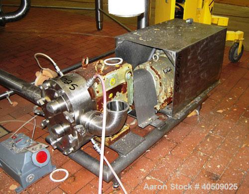 Used Waukesha Universal Rotary Positive Displacement Pump, Model 130, stainless steel. Approximately 130 gallons per minute at 100 psi at 600 rpm capacity. 3" tri-clamp inlet/outlet. Driven by an app...