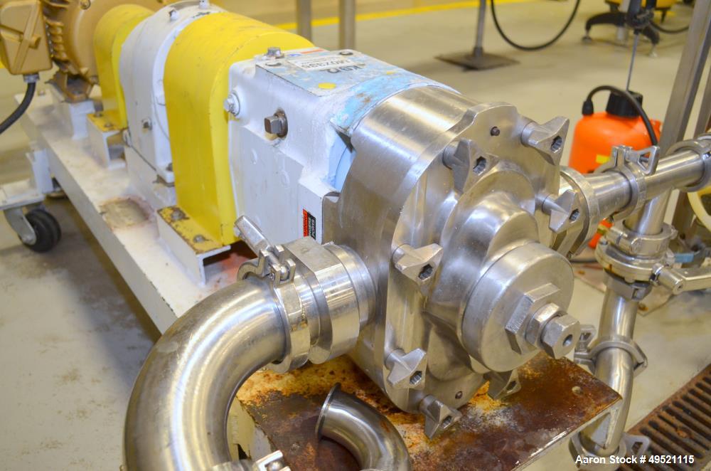 Used Waukesha Positive Displacement Pump, Model 130, Serial # 3768-18R105. Stainless Steel Construction. Mounted on Cart with Casters.