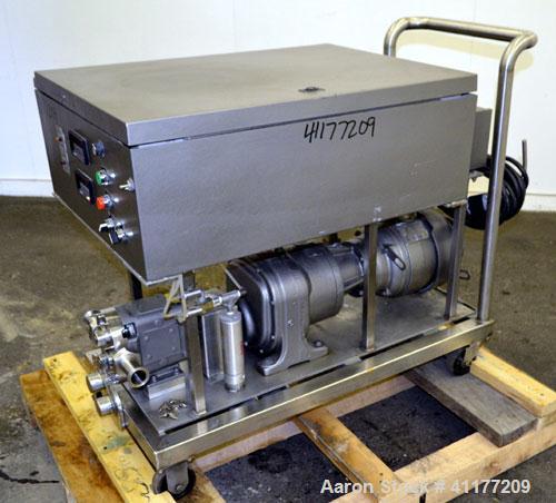 Used Waukesha Rotary Positive Displacement Pump, Model 15, 316 Stainless Steel. Approximately 9 gallons per minute at 200 psi at 700 rpm capacity, (.014) gallon displacement per revolution. 1-1/2" th...