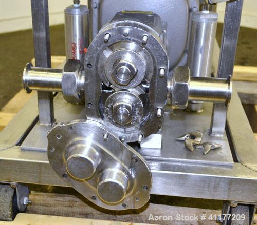 Used Waukesha Rotary Positive Displacement Pump, Model 15, 316 Stainless Steel. Approximately 9 gallons per minute at 200 psi at 700 rpm capacity, (.014) gallon displacement per revolution. 1-1/2" th...