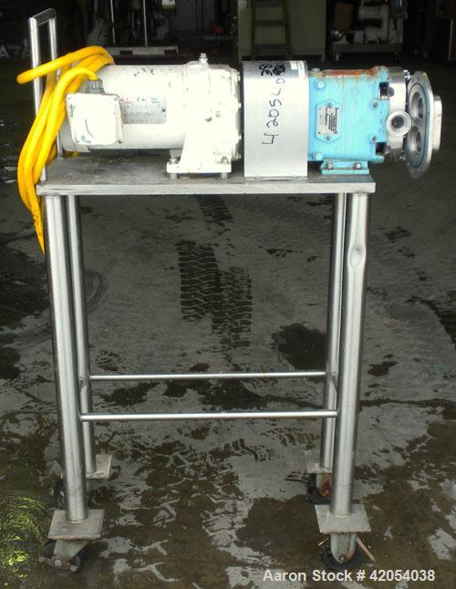 Used Waukesha Rotary Positive Displacement Pump, model 15, 316 stainless steel. Approximate 10 gallons per minute capacity, .013 gallon displacement per revolution. 1-1/2" sanitary inlet/outlet, (2) ...