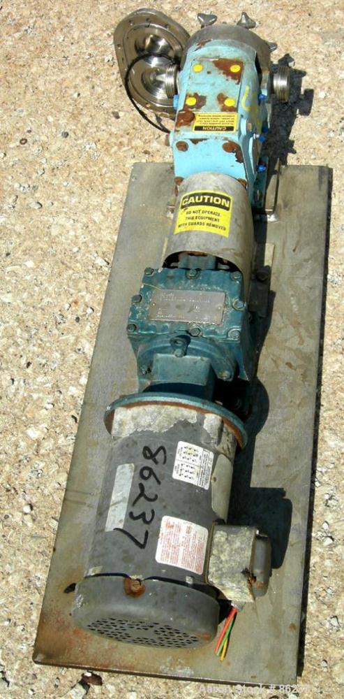 USED: Waukesha universal rotary positive displacement pump, model 015, 316 stainless steel. Approximate 10 gallon per minute capacity, .013 gallon displacement per revolution. (2) 2 lobe stainless st...