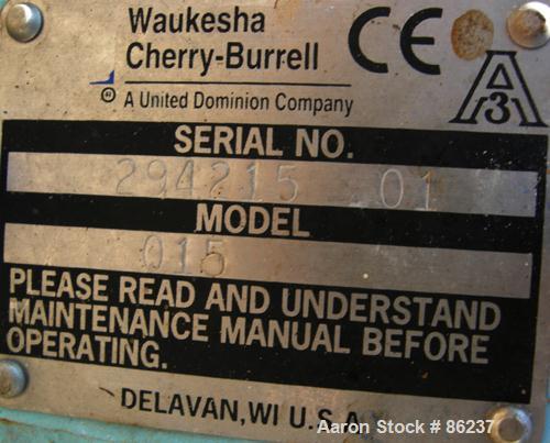 USED: Waukesha universal rotary positive displacement pump, model 015, 316 stainless steel. Approximate 10 gallon per minute capacity, .013 gallon displacement per revolution. (2) 2 lobe stainless st...