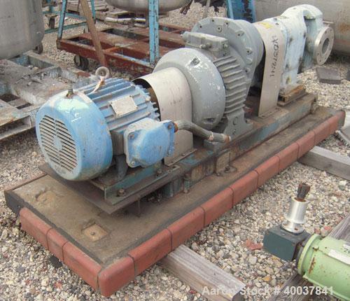 Used Waukesha Rotary Positive Displacement Pump, model 200, 316 stainless steel. Approximate capacity 260 gallons per minute. 4" inlet/outlet. Driven by a 15 hp, 3/60/230/460 volt, 1750 rpm motor thr...