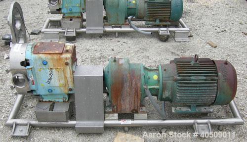 Used Waukesha Universal Rotary Positive Displacement Pump, Model 220, 316 stainless steel. Approximately 260 gallons per minute at 100 psi at 600 rpm capacity, .522 gallon displacement per revolution...