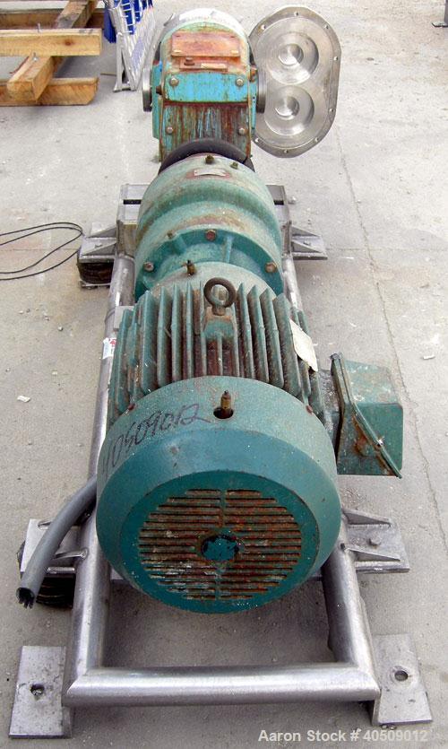 Used Waukesha Universal Rotary Positive Displacement Pump, model 220, 316 stainless steel. Approximately 260 gallons per minute at 100 psi at 600 rpm capacity, .522 gallon displacement per revolution...