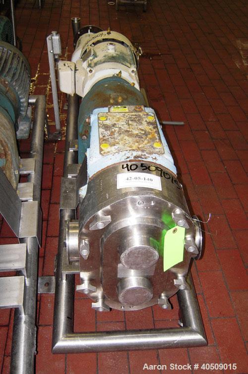 Used Waukesha Rotary Positive Displacement Pump, Model 220, stainless steel. Approximate capacity 260 gallons per minute, .50 gallon displacement per revolution. 3 7/8" tri clamp inlet/outlet. Driven...