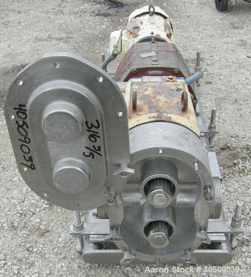 Used Waukesha Universal Rotary Positive Displacement Pump, model 220, 316 stainless steel. Approximately 260 gallons per minute at 100 psi at 600 rpm capacity, .522 gallon displacement per revolution...