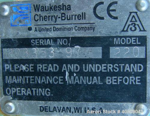 Used Waukesha Rotary Positive Displacement Pump, Model 220, 316 stainless steel. Approximate capacity 260 gallons per minute, .50 gallon displacement per revolution. 3 7/8" tri clamp inlet/outlet. Dr...