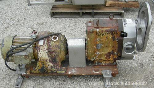 Used Waukesha Universal Rotary Positive Displacement Pump, model 220, 316 stainless steel. Approximately 260 gallons per minute at 100 psi at 600 rpm capacity, .522 gallon displacement per revolution...