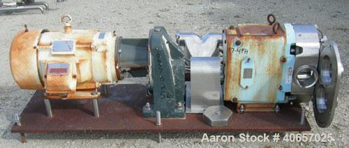 Used Waukesha Universal Rotary Positive Displacement Pump, model 220, 17-4 PH stainless steel. Approximately 260 gallons per minute at 100 psi at 600 rpm capacity, .522 gallon displacement per revolu...