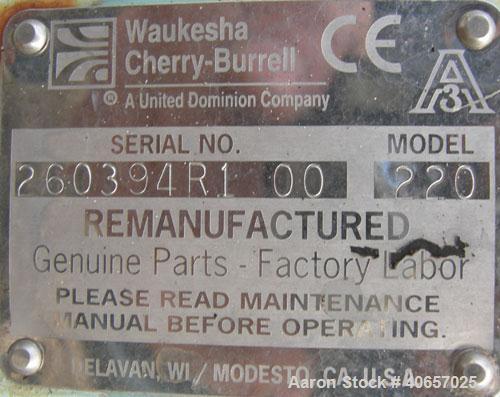 Used Waukesha Universal Rotary Positive Displacement Pump, model 220, 17-4 PH stainless steel. Approximately 260 gallons per minute at 100 psi at 600 rpm capacity, .522 gallon displacement per revolu...