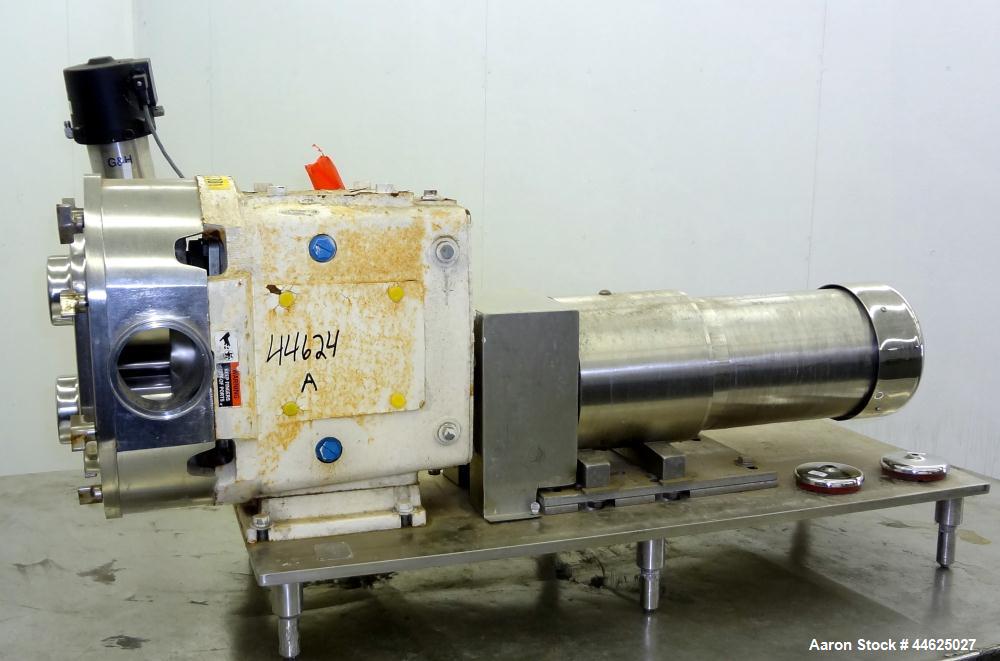 Used Waukesha Universal Rotary Positive Displacement Pump, Model 220, 316 Stainless Steel. Approximately 260 gallons per minute at 100 psi at 600 rpm capacity, (0.522) gallon displacement per revolut...