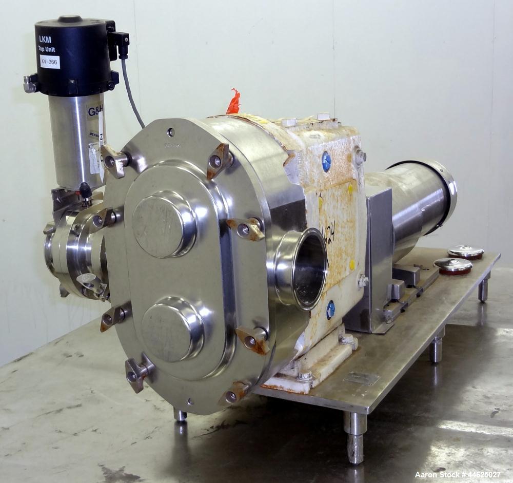 Used Waukesha Universal Rotary Positive Displacement Pump, Model 220, 316 Stainless Steel. Approximately 260 gallons per minute at 100 psi at 600 rpm capacity, (0.522) gallon displacement per revolut...
