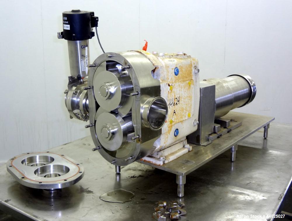 Used Waukesha Universal Rotary Positive Displacement Pump, Model 220, 316 Stainless Steel. Approximately 260 gallons per minute at 100 psi at 600 rpm capacity, (0.522) gallon displacement per revolut...