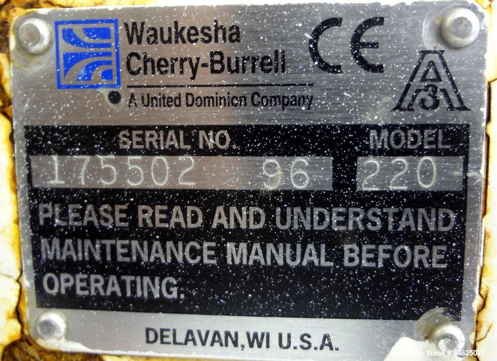 Used Waukesha Universal Rotary Positive Displacement Pump, Model 220, 316 Stainless Steel. Approximately 260 gallons per minute at 100 psi at 600 rpm capacity, (0.522) gallon displacement per revolut...