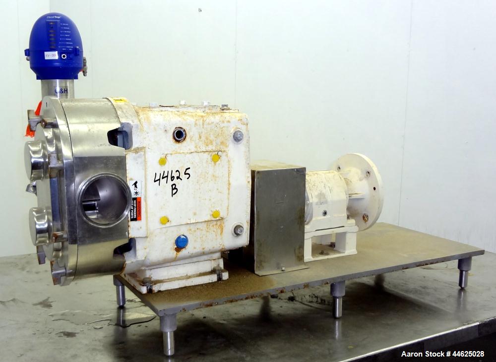Used Waukesha Universal Rotary Positive Displacement Pump, Model 220, 316 Stainless Steel. Approximately 260 gallons per minute at 100 psi at 600 rpm capacity, (0.522) gallon displacement per revolut...