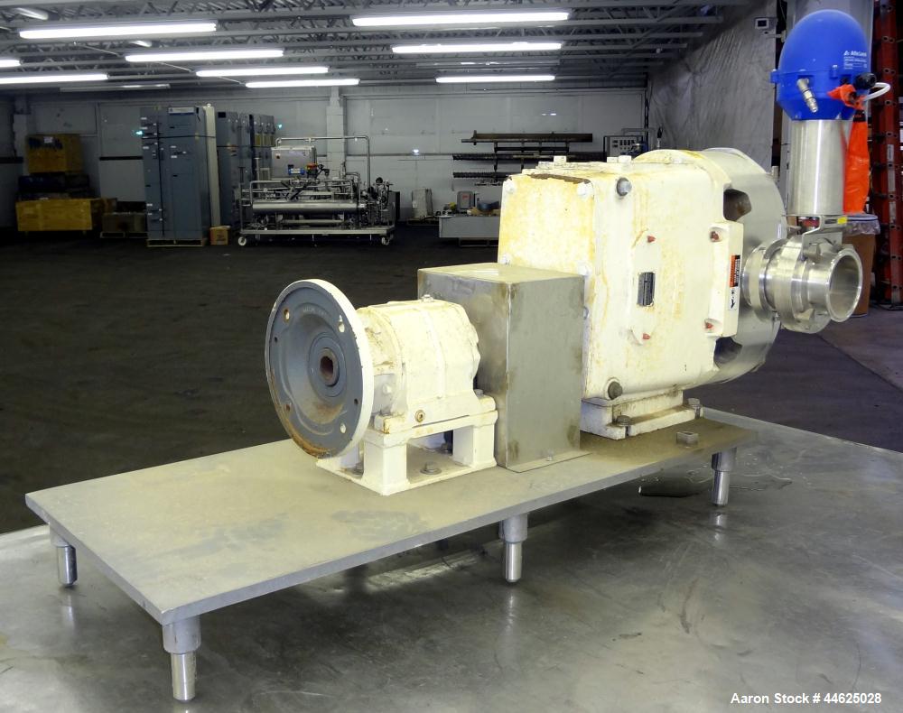 Used Waukesha Universal Rotary Positive Displacement Pump, Model 220, 316 Stainless Steel. Approximately 260 gallons per minute at 100 psi at 600 rpm capacity, (0.522) gallon displacement per revolut...