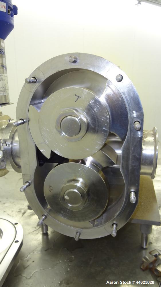 Used Waukesha Universal Rotary Positive Displacement Pump, Model 220, 316 Stainless Steel. Approximately 260 gallons per minute at 100 psi at 600 rpm capacity, (0.522) gallon displacement per revolut...
