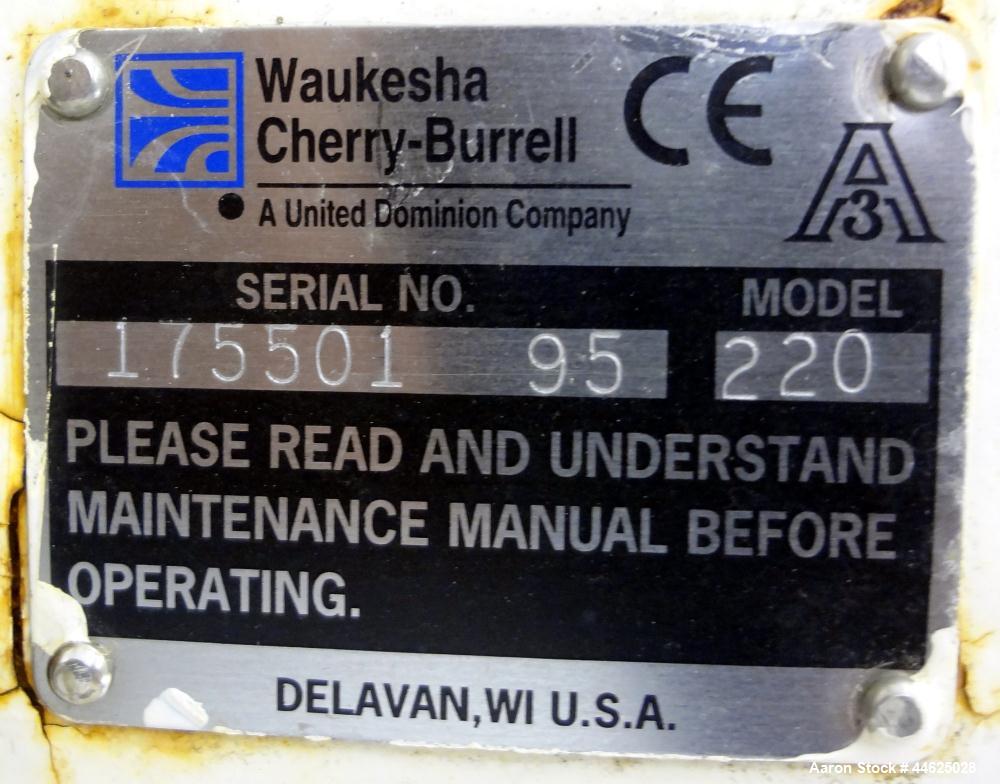 Used Waukesha Universal Rotary Positive Displacement Pump, Model 220, 316 Stainless Steel. Approximately 260 gallons per minute at 100 psi at 600 rpm capacity, (0.522) gallon displacement per revolut...