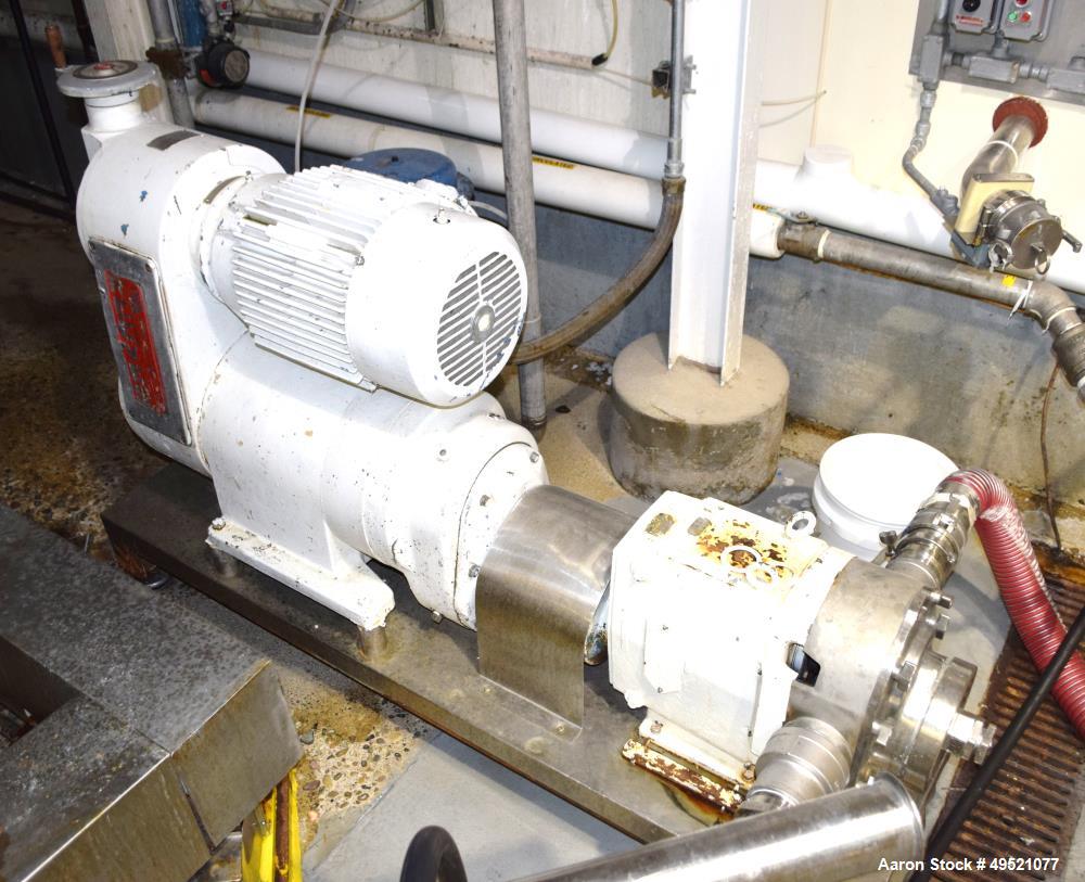 Used Waukesha Positive Displacement Pump, Model 220, Stainless Steel. Approximate capacity 313 gallons per minute, 0.521 gallons displacement per revolution, 4" inlet & outlet, vented cover. Driven b...