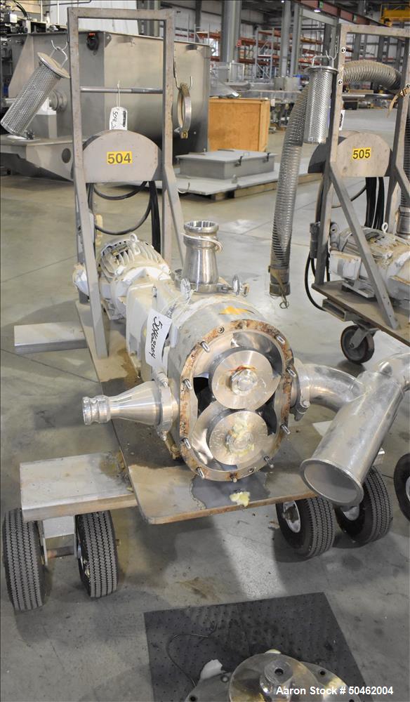 sed-Waukesha 220 Positive Displacement Pump mounted on portable cart. Has a vented cover, 5" diam triclover inlet/outlet.  10HP 3/60/208/230/460V motor. XP rated.