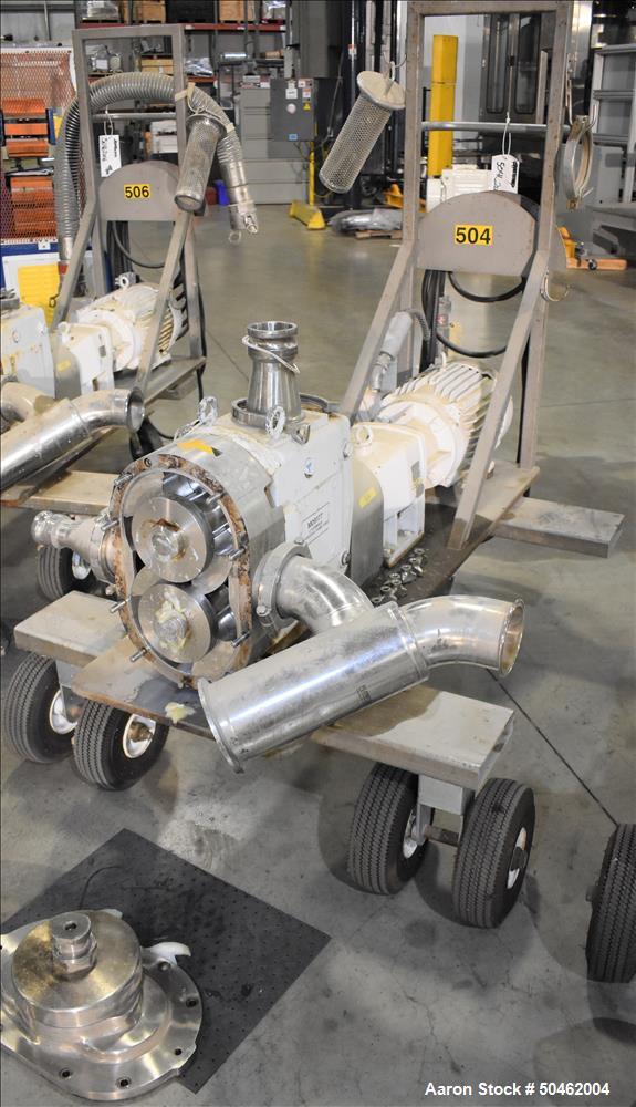 sed-Waukesha 220 Positive Displacement Pump mounted on portable cart. Has a vented cover, 5" diam triclover inlet/outlet.  10HP 3/60/208/230/460V motor. XP rated.