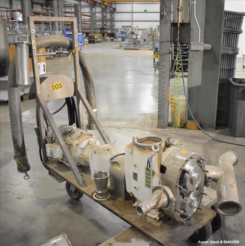 Used Waukesha 220 Positive Displacement Pump mounted on portable cart. Has a vented cover, 5" diam triclover inlet/outlet.  10HP 3/60/208/230/460V motor. XP rated.