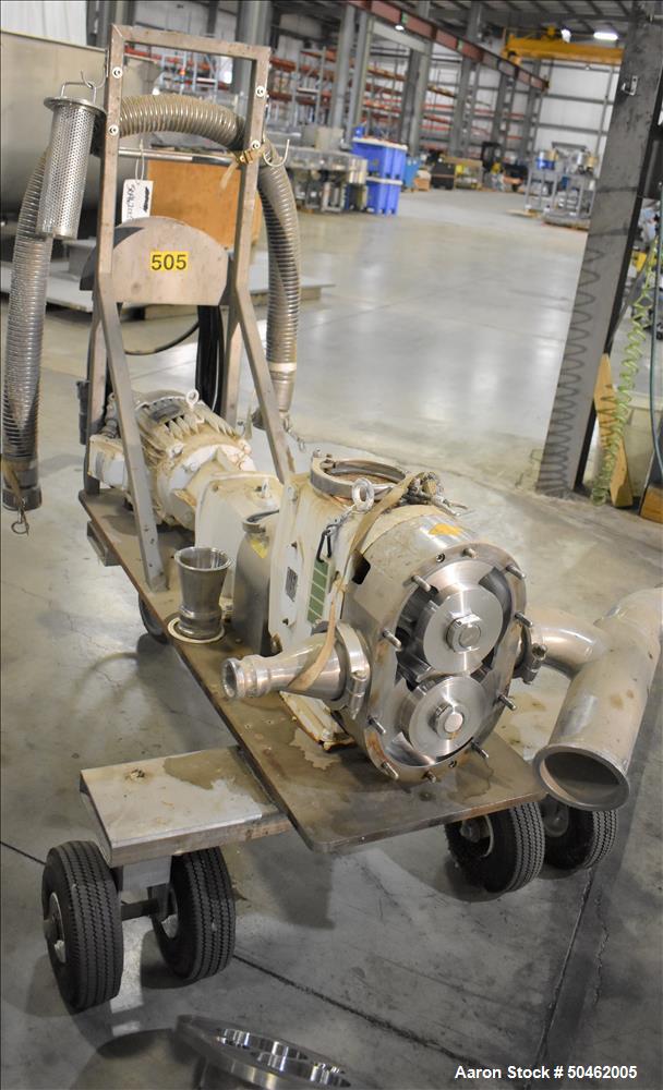 Used Waukesha 220 Positive Displacement Pump mounted on portable cart. Has a vented cover, 5" diam triclover inlet/outlet.  10HP 3/60/208/230/460V motor. XP rated.