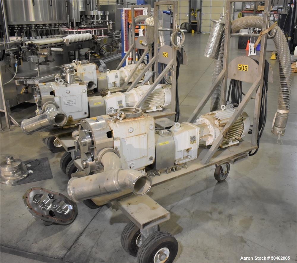 Used Waukesha 220 Positive Displacement Pump mounted on portable cart. Has a vented cover, 5" diam triclover inlet/outlet.  10HP 3/60/208/230/460V motor. XP rated.