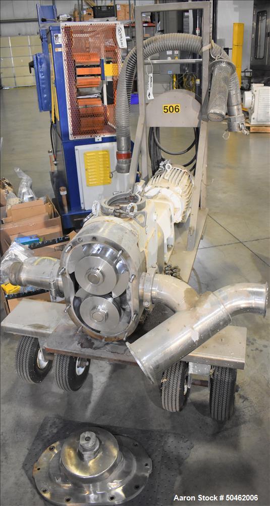 Used Waukesha 220 Positive Displacement Pump mounted on portable cart. Has a vented cover, 5" diam triclover inlet/outlet.  10HP 3/60/208/230/460V motor. XP rated.CE certified