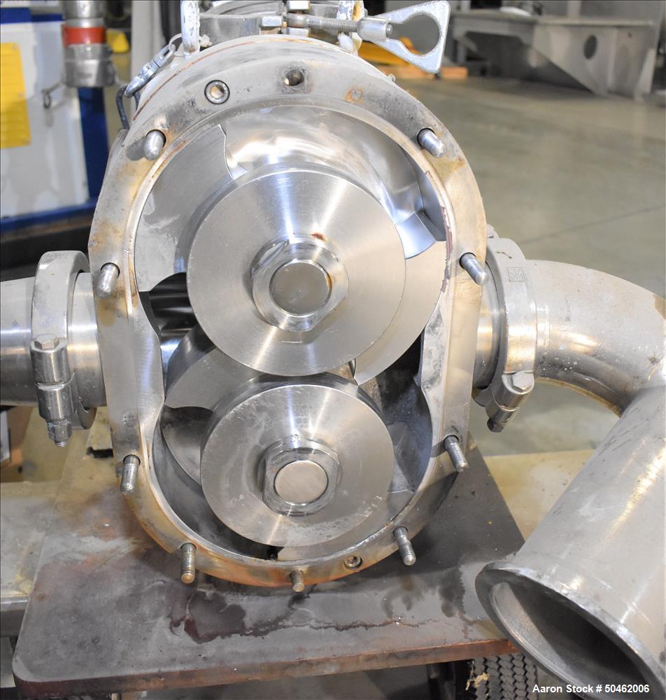 Used Waukesha 220 Positive Displacement Pump mounted on portable cart. Has a vented cover, 5" diam triclover inlet/outlet.  10HP 3/60/208/230/460V motor. XP rated.CE certified