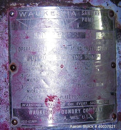 Used Waukesha rotary positive displacement pump, model 25, stainless steel. Approximately 25 gallons per minute capacity, (.060) gallon displacement per revolution. 1-1/2" tri clamp inlet/outlet. (2)...