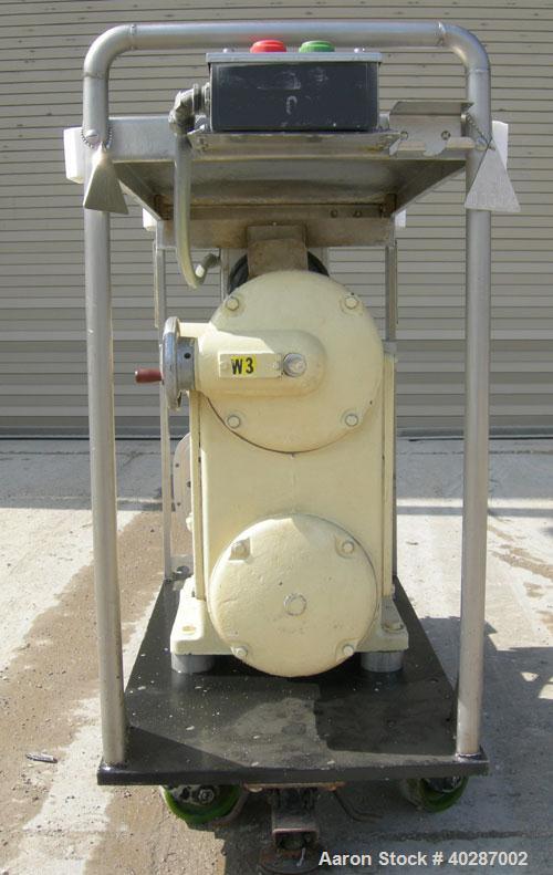 Used Waukesha Sanitary Positive Displacement Pump, model 25, 316 stainless steel.Approximate capacity .060 gallons per revolution, 25 gallons per minute. 1 1/2" triclamp inlet/outlet.(1) stainless st...