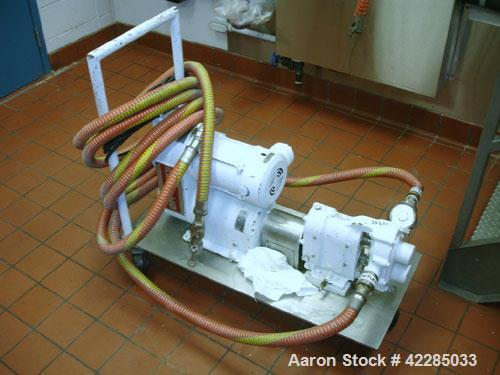 Used Waukesha Rotary Positive Displacement Pump, model 25, stainless steel. Approximately 25 gallons per minute, .060 gallon displacement per revolution. 1-1/2" inlet/outlet. Driven by a 3/4 hp varia...