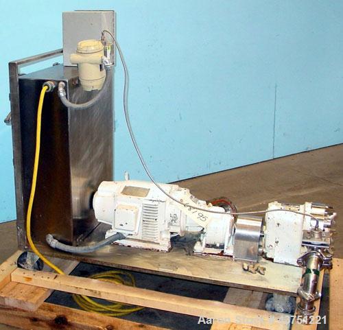 Used Waukesha Rotary Positive Displacement Pump, Model 25, 316 Stainless Steel. Approximately 25 gallons per minute. 2" Tri-clamp inlet/outlet, (2) stainless steel rotors, vented cover. Driven by a 3...