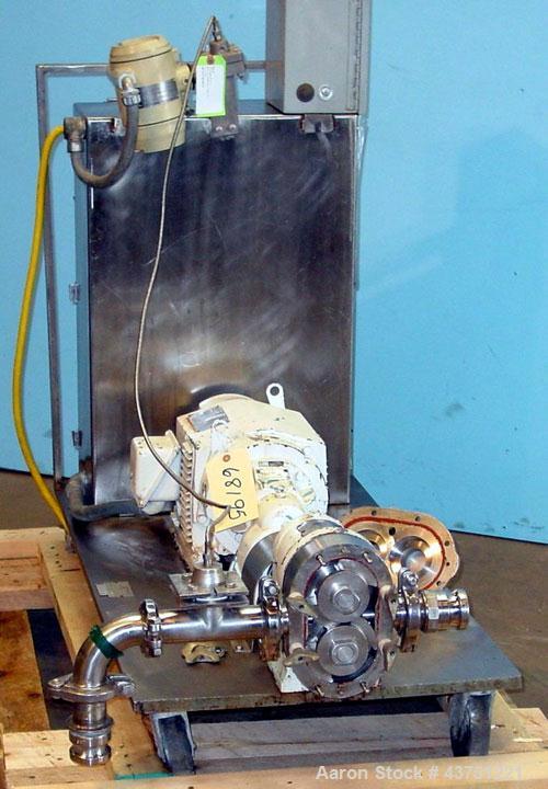 Used Waukesha Rotary Positive Displacement Pump, Model 25, 316 Stainless Steel. Approximately 25 gallons per minute. 2" Tri-clamp inlet/outlet, (2) stainless steel rotors, vented cover. Driven by a 3...