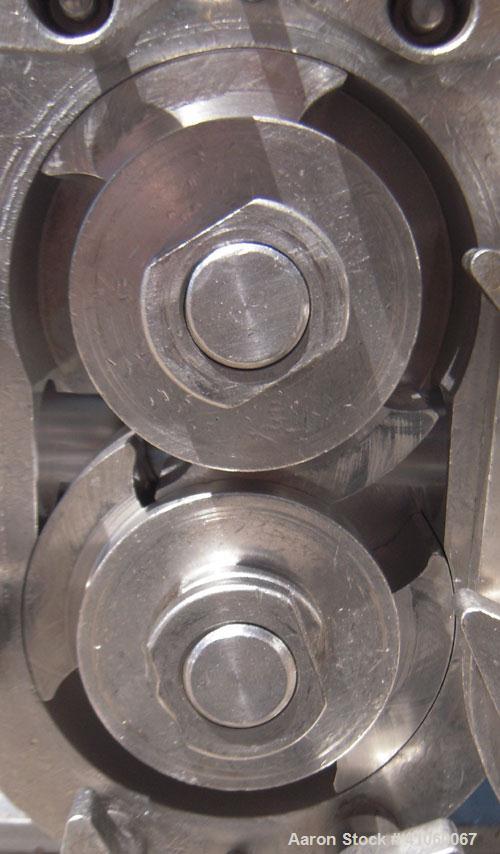 Used Waukesha Rotary Positive Displacement Pump, Model 030, 316 Stainless Steel. Approximately 36 gallons per minute at 100 psi at 600 rpm capacity, (.06) gallon displacement per revolution. 1 1/2" t...