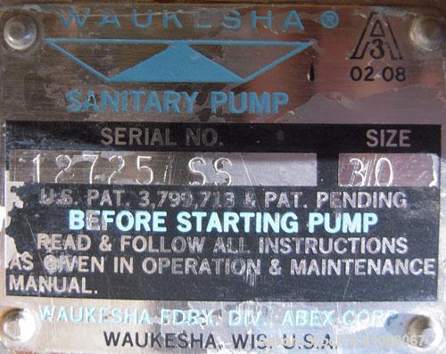 Used Waukesha Rotary Positive Displacement Pump, Model 030, 316 Stainless Steel. Approximately 36 gallons per minute at 100 psi at 600 rpm capacity, (.06) gallon displacement per revolution. 1 1/2" t...