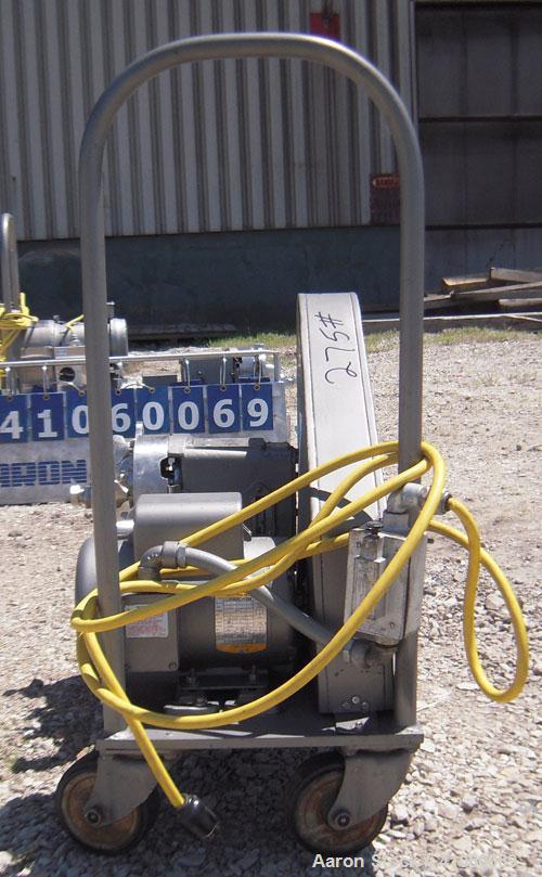 Used Waukesha Rotary Positive Displacement Pump, Model 30, 316 Stainless Steel. Approximately 36 gallons per minute at 100 psi at 600 rpm capacity, (.06) gallon displacement per revolution. 1 1/2" tr...