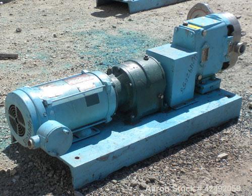 Used Waukesha Rotary Positive Displacement Pump, Model 30, 316 Stainless Steel. Approximately 36 gallons per minute at 100 psi at 600 rpm capacity, .06 gallon displacement per revolution. 1-1/2" Tri-...