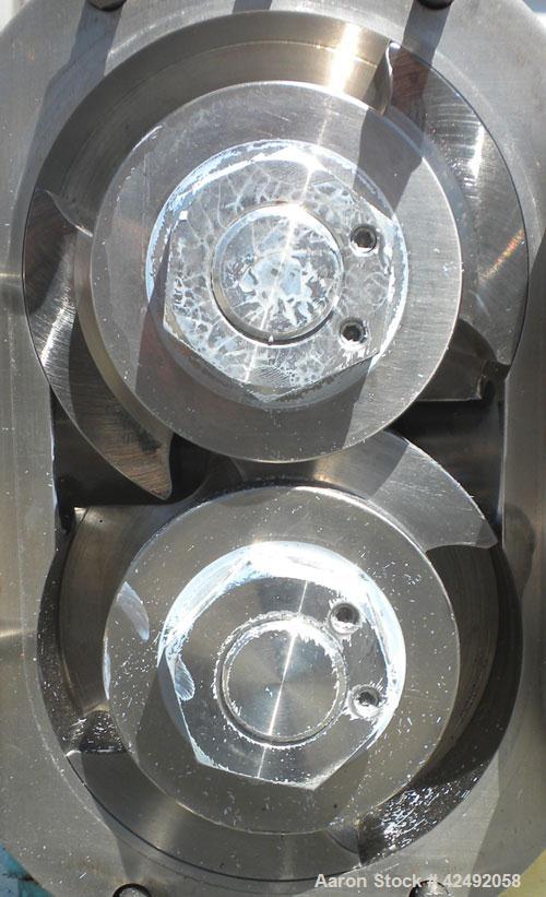 Used Waukesha Rotary Positive Displacement Pump, Model 30, 316 Stainless Steel. Approximately 36 gallons per minute at 100 psi at 600 rpm capacity, .06 gallon displacement per revolution. 1-1/2" Tri-...