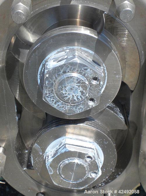 Used Waukesha Rotary Positive Displacement Pump, Model 30, 316 Stainless Steel. Approximately 36 gallons per minute at 100 psi at 600 rpm capacity, .06 gallon displacement per revolution. 1-1/2" Tri-...