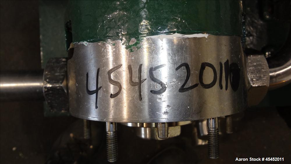 Used Waukesha Rotary Positive Displacement Pump, Model 030, 316 Stainless Steel. Approximately 36 gallons per minute at 100 psi at 600 rpm capacity. 2" Tri-clamp inlet/outlet, (2) 4 " diameter stainl...