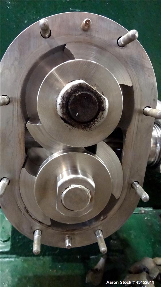 Used Waukesha Rotary Positive Displacement Pump, Model 030, 316 Stainless Steel. Approximately 36 gallons per minute at 100 psi at 600 rpm capacity. 2" Tri-clamp inlet/outlet, (2) 4 " diameter stainl...