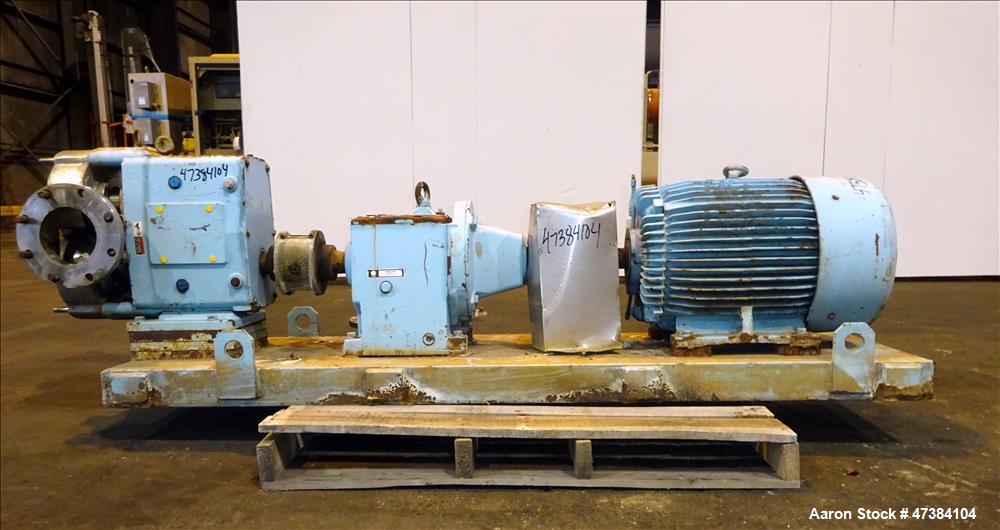 Used Waukesha Rotary Positive Displacement Pump, Model 320, 316 Stainless Steel. Approximately 450 gallons per minute at 200 psi at 600 rpm capacity, (0.754) gallon displacement per revolution. 6" In...