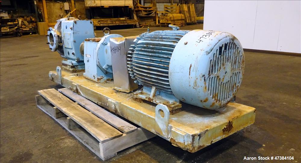 Used Waukesha Rotary Positive Displacement Pump, Model 320, 316 Stainless Steel. Approximately 450 gallons per minute at 200 psi at 600 rpm capacity, (0.754) gallon displacement per revolution. 6" In...
