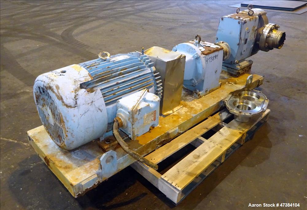 Used Waukesha Rotary Positive Displacement Pump, Model 320, 316 Stainless Steel. Approximately 450 gallons per minute at 200 psi at 600 rpm capacity, (0.754) gallon displacement per revolution. 6" In...