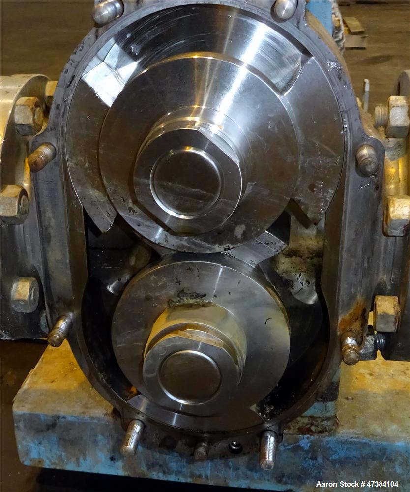 Used Waukesha Rotary Positive Displacement Pump, Model 320, 316 Stainless Steel. Approximately 450 gallons per minute at 200 psi at 600 rpm capacity, (0.754) gallon displacement per revolution. 6" In...