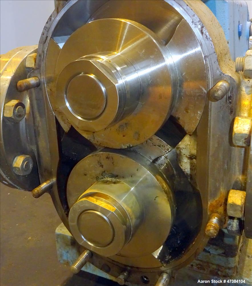Used Waukesha Rotary Positive Displacement Pump, Model 320, 316 Stainless Steel. Approximately 450 gallons per minute at 200 psi at 600 rpm capacity, (0.754) gallon displacement per revolution. 6" In...